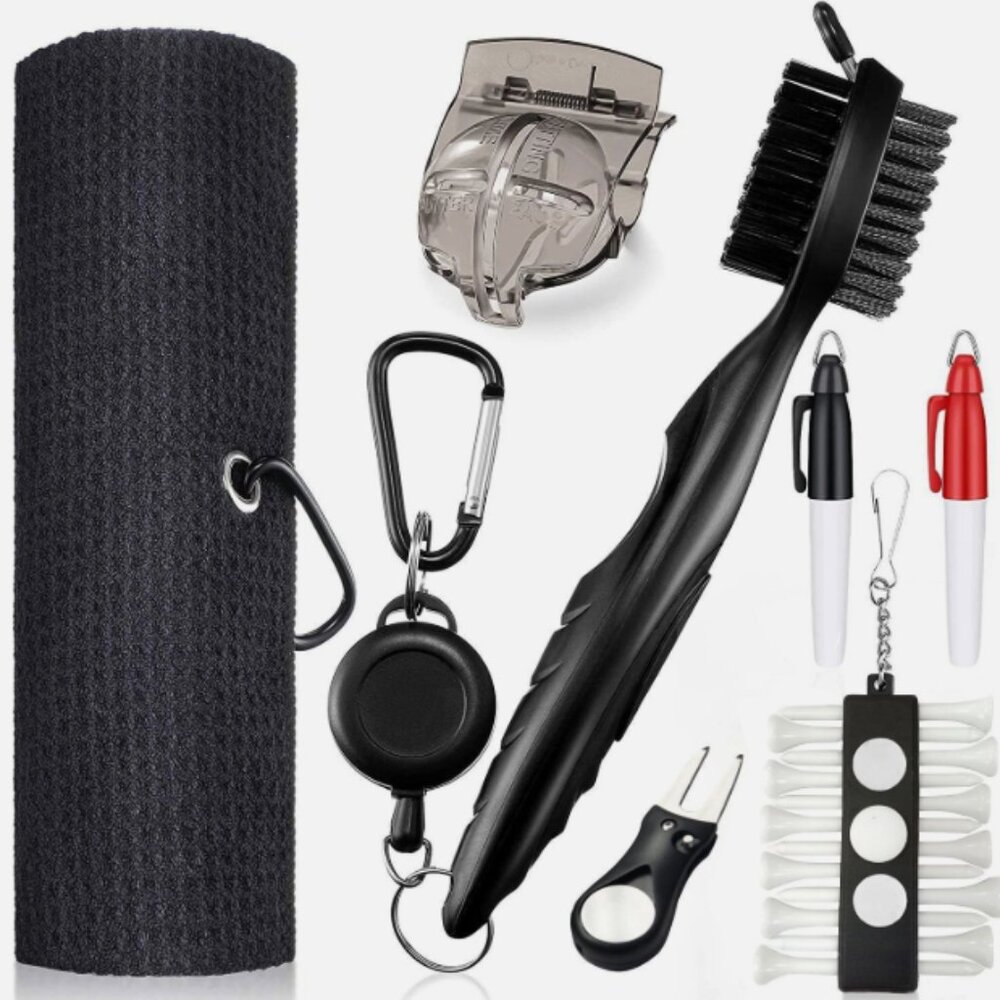 Golf Club Cleaning Kit Set- Towel, Club Brush, Divot Tool, Ball Marker